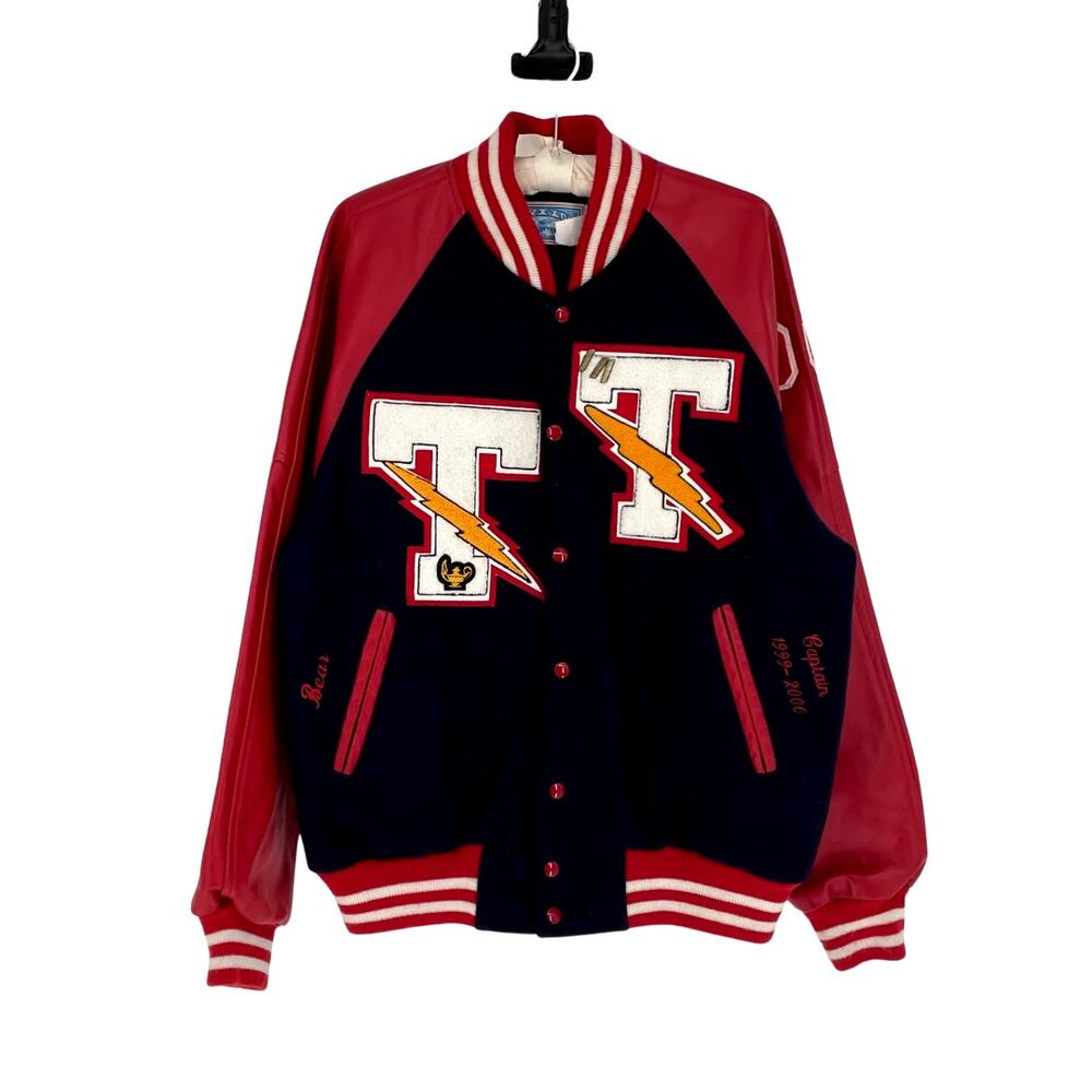 Vtg Y2K Men's Wool Navy and Red Wool Letterman Varsity Jacket - Size XL
